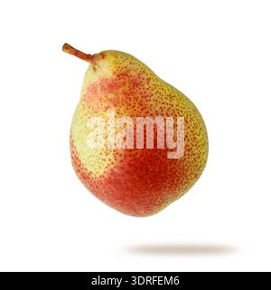 Single fresh red green pear flying isolated on white background Stock Photo