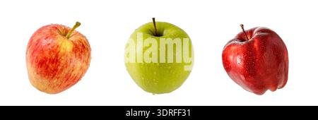 Three different varieties of fresh apples with water drops isolated on a white background Stock Photo