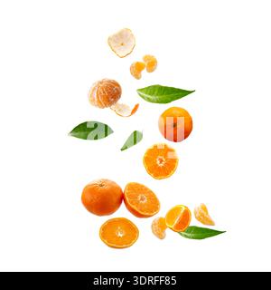 Fresh orange tangerines or mandarins fruits and leaves falling isolated on white background Stock Photo