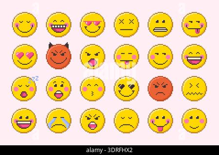 Pixel Art Emojis Set. Isolated Retro Clip Art. Stock Vector