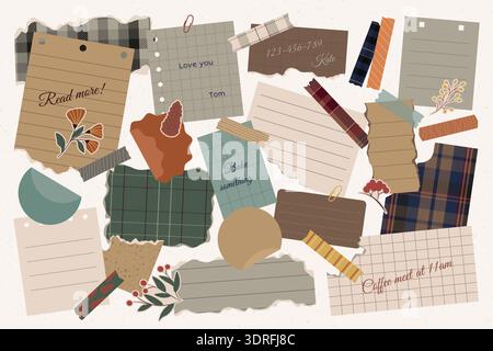 Set of retro torn paper notes, stickers, tapes. Stock Vector