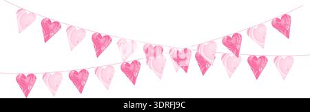 Watercolor pink flag garland with heart pennants hanging as festive bunting decoration for kids birthday party baby welcome isolated on white Stock Vector