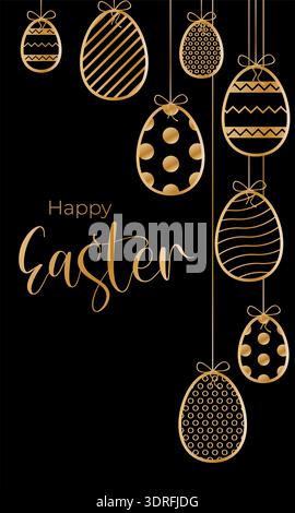 Easter greeting card with hanging golden eggs on black background and stylish typography for happy day celebration. Elegant vector illustration for Stock Vector