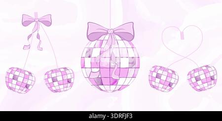 Disco bow cherry with ball pink vector and background mirror poster. Purple icon party with retro glitter isolated and 3d 80s dance. Decoration Stock Vector