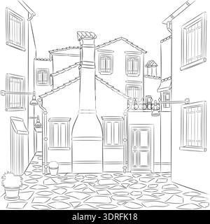 Black and White Vector Illustration Quiet Courtyard on Burano Island Italy Stock Vector