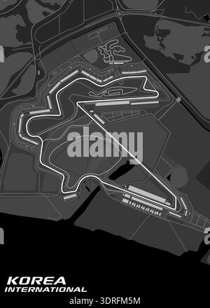 A grayscale aerial map of the Korea International Circuit, a motorsport race track. The white racing line is clearly visible Stock Vector