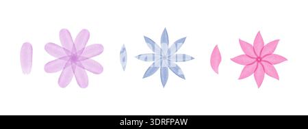 Three sets of watercolor floral elements are displayed on a white background. Each set features a vibrant flower and a single petal in shades of purple, blue, and pink. Simple artistic design. Stock Vector