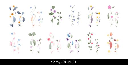 A beautiful assortment of watercolor painted leaves and tiny flowers. Delicate botanical elements in soft pastels like blue, pink, purple, and orange are arranged artistically on a white background. Stock Vector