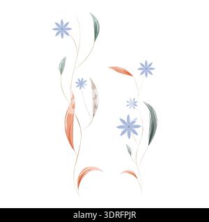 Flowing watercolor art shows two vertical plant designs. Each design has thin stems with small blue flowers and elongated leaves in green, brown, and orange. Stock Vector