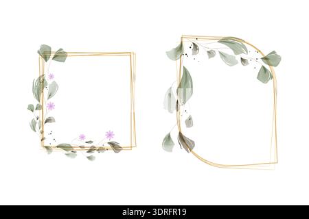 Two distinct watercolor frames are shown on a white background. Each frame features delicate golden lines adorned with soft green watercolor leaves. Stock Vector