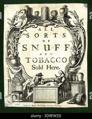 This trade card, circa 1760-1818, advertises a tobacconist in England. The printed card features decorative text and illustrations highlighting tobacco products including snuff, cigars, and pipes. Hand-coloured elements were used to enhance visual appeal. Trade cards displayed the merchant’s name, location, and services, reflecting 18th- and early 19th-century retail practices and marketing in the tobacco trade. Stock Photo