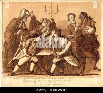 This 1782 print, attributed to Francesco Bartolozzi after Loraine Smith, depicts Fox and North playing hazard at a small round table, surrounded by attentive spectators. Fox, on the left, has just thrown the dice from a dice-box while leaning on a tilted chair. North, on the right, watches with concern, touching his wig. Three divines in gowns and bands observe, one resting an arm on Fox's shoulder, another raising both arms, and a parson walks away behind North. The print illustrates social interaction, gaming, and 18th-century attire. Stock Photo