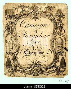 This circa 1760 trade card of Cameron & Farquhar, tea dealers, shows engraved images of tea caddies, cups, and teapots. Decorative lettering advertises tea products, blends, and related services. Typography, layout, and engraving reflect mid-18th-century English commercial design. The card illustrates artisan skill, marketing techniques, and visual presentation methods to attract customers to a tea shop, highlighting product variety and professional service. Stock Photo