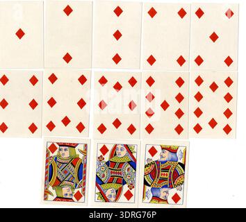 This late 19th-century chromolithograph depicts a full pack of 52 double-ended playing cards, including one blank card and two advertising cards for Goodall's products. The backs feature two knights in armour flanking a red shield with a white cross and lion, with four suit marks in each division. The original wrapper and box are preserved, illustrating Victorian card design, printing, and packaging conventions. Stock Photo