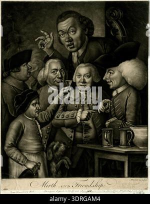 Mezzotint depicting a satirical scene between 1743 and 1768: six men crowded around a wooden table with two tankards and a punch bowl. A waiter to the left, wearing an apron, raises a bottle, with a dog beside him. A man smokes behind the group, and the giant Bamfield gestures with his right hand leaning from behind. The central figure points to a companion wearing a cocked hat over a white wig. A double-bass neck is propped against the wall, reflecting social interaction, satire, and musical culture. Stock Photo