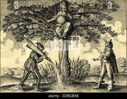 This 1642 etching titled 'The World is Ruled & Governed by Opinion' depicts Opinion as a blindfolded woman crowned with the Tower of Babel, seated with a terrestrial globe on her lap, a chameleon on her left arm, and a staff in her right. Pamphlets and broadsides hang from the tree, including titles such as 'John Taylor's Reply' and 'The Ironmonger's Answer'. Two men are depicted at the sides, one in motley watering the tree, the other elegantly dressed speaking, with text below in two columns, illustrating political and social commentary of the period. Stock Photo