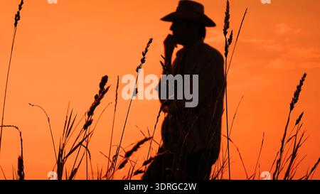 Silhouette of a contemplative man wearing a wide-brimmed hat, hand on chin in thought, standing in tall wild grass against a vibrant orange-red sunset Stock Photo