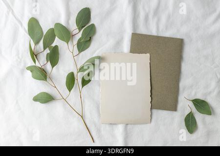 Blank retro paper card with olive green craft envelope and aroma eucalyptus twigs on white linen fabric background. Greeting wedding or birthday flora Stock Photo