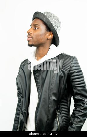 Portrait of a black man wearing a leather jacket. Stock Photo