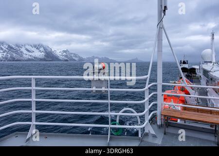 Snow capped mountains of South Georgia Islands seen from a crusie ship  in the early morning. South Georgia Stock Photo