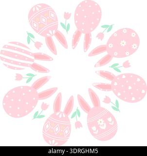 Round Easter wreath of eggs with rabbit ears and spring flowers on white background Stock Vector