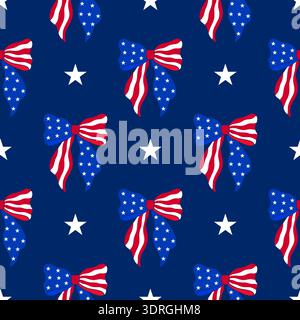 Patriotic seamless pattern with American flag bows and white stars on a dark blue background.  Stock Vector