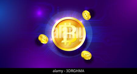 Golden Bitcoin coins on a digital circuit background, perfect for crypto and finance. Vector illustration. Stock Vector