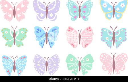 Set of pastel butterflies in hand drawn style. Whimsical insect clipart for nursery and DIY design. Stock Vector