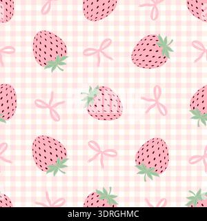 Seamless pattern with pink strawberries and ribbons on a gingham background. Coquette aesthetic for summer textiles and decor. Stock Vector