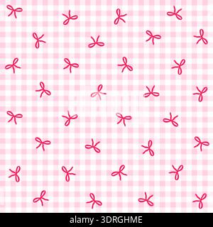 Seamless pattern with ditsy pink bows on a light pink gingham background. Coquette aesthetic design for nursery and gift wrap. Stock Vector