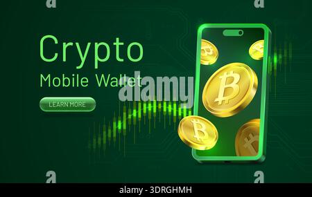 Crypto Mobile Wallet on a smartphone with bitcoins and a digital background. Vector illustration Stock Vector