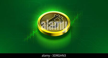 Bitcoin Coin on Green Circuit Background, showing a rising candlestick chart and market growth. Vector illustration. Stock Vector