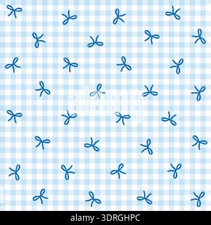 Seamless pattern with ditsy blue bows on a light blue gingham background. Coquette aesthetic design for nursery and gift wrap. Stock Vector