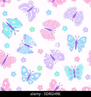 Seamless pattern with colorful whimsical butterflies and flowers. Pastel design for nursery,textiles,digital design. Stock Vector