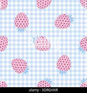 Seamless pattern with pink strawberries on a light blue and white gingham background. Stock Vector