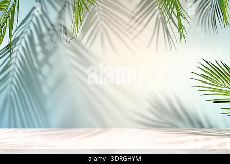 Empty podium on elegant sunny blue background with long shadows from palm leaves.Beautiful template and banner for your creativi Stock Photo
