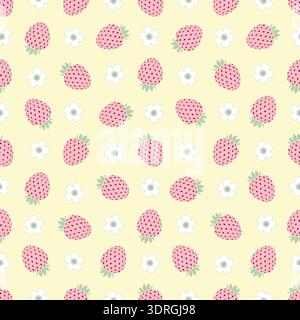 Seamless pattern with pink strawberries and white flowers on a yellow background. Stock Vector
