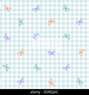 Seamless pattern with cute pastel butterflies on a mint gingham background. Stock Vector