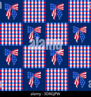 Patriotic seamless pattern with American flag bows and red, white, blue gingham tiles. 4th of July festive design. Stock Vector