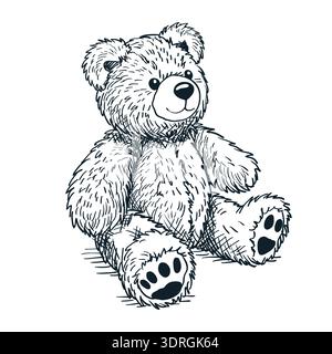 Sitting bear toy vector hand drawn sketch illustration isolated on white background. Soft plush character. Fashion print or poster design element Stock Vector