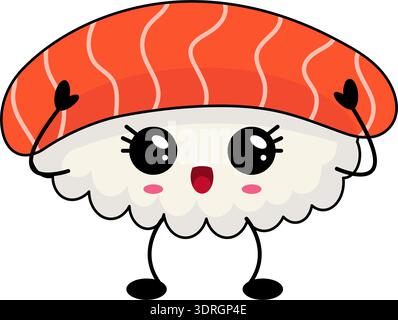 Cute sushi with salmon, designed in a playful kawaii style. Stock Vector