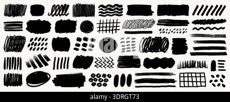 Crayon line highlight scribble set in black on white background with underline strokes, boxes and doodle marks. Crayon line highlight elements in Stock Vector