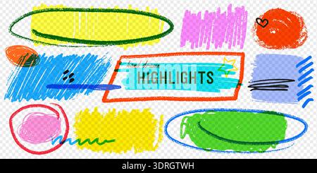 Crayon highlight strokes and scribble boxes in bright yellow, blue, green, pink on transparent background with rough pen texture. Ideal for planners Stock Vector