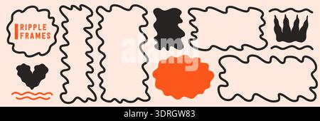 Ripple shape frames in square and rectangle styles with bold wavy line edges. Playful doodle borders and organic zigzag boxes designed for text Stock Vector