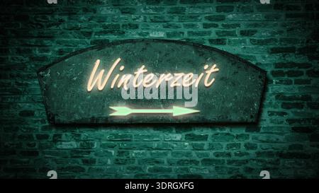 An image with a signpost in German pointing towards winter time. Stock Photo