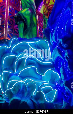 Blue Neon Abstract Light Sculpture With LED Lines and Futuristic Festival Installation Stock Photo