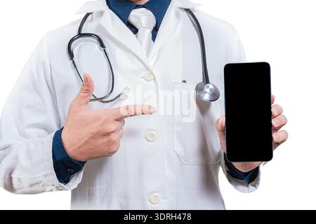 Doctor hands recommending on cell phone screen isolated. Doctor showing and pointing to blank cell phone screen Stock Photo