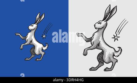 Heraldic hare standing with a falling star for coat of arms design and shield. Hand drawn engraving in old traditional medieval style, modern made Stock Vector