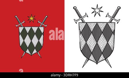 Heraldic shield and swords with a star for coat of arms design and shield. Hand drawn engraving in old traditional medieval style, modern made element Stock Vector