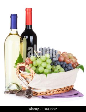 White and red wine bottles and grapes. Isolated on white background Stock Photo